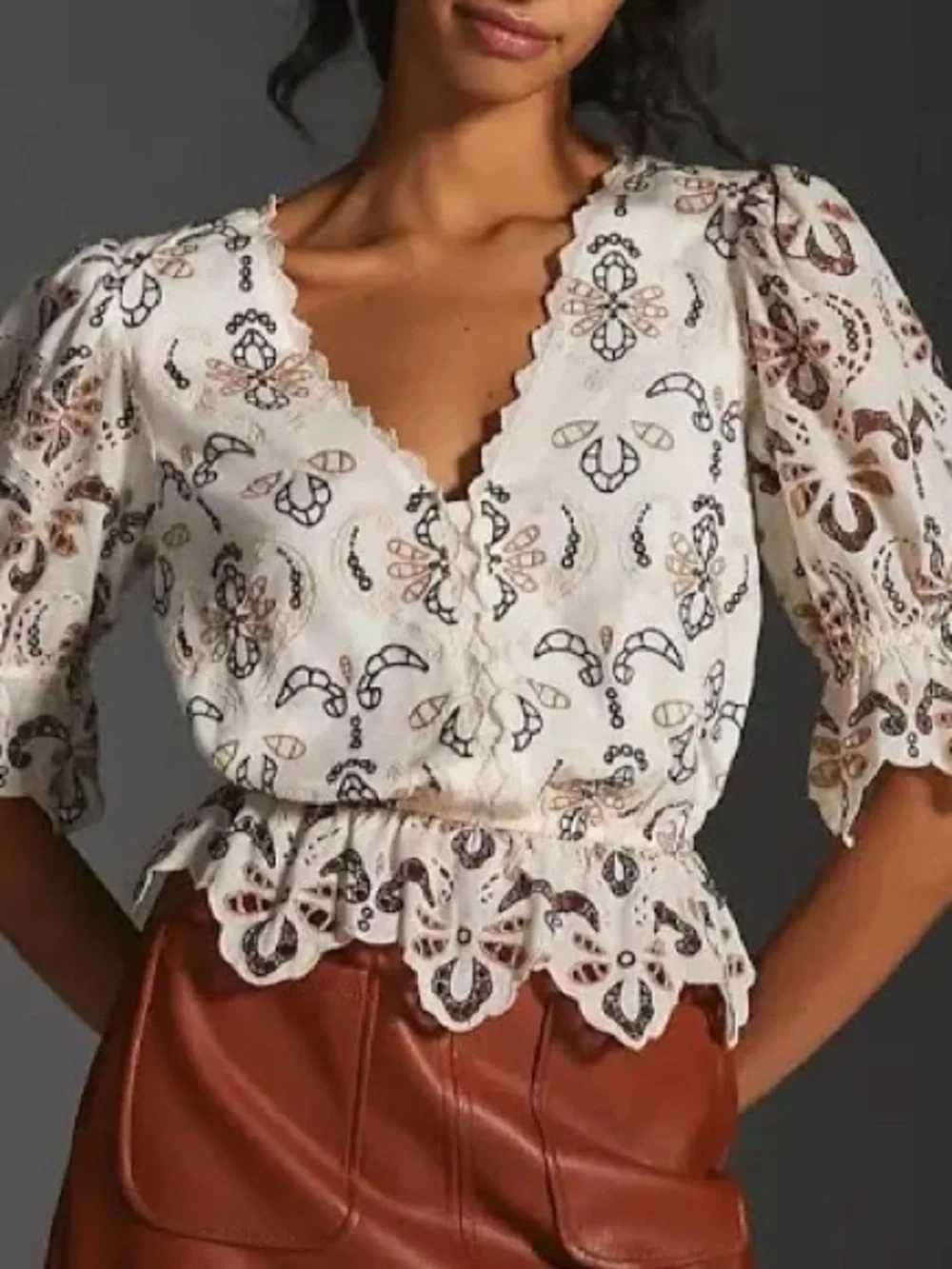 Anthropologie Embroidered Eyelet Peplum Top